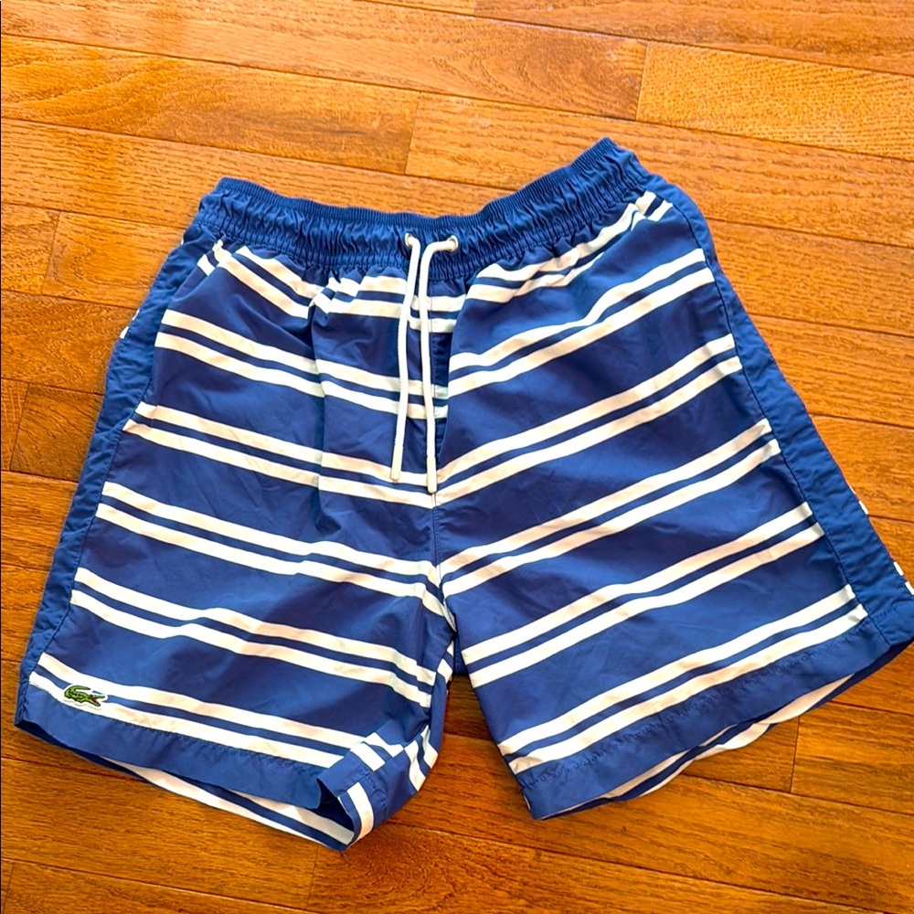 Lacoste Navy and White Striped Swim Trunks New! boys size 12
